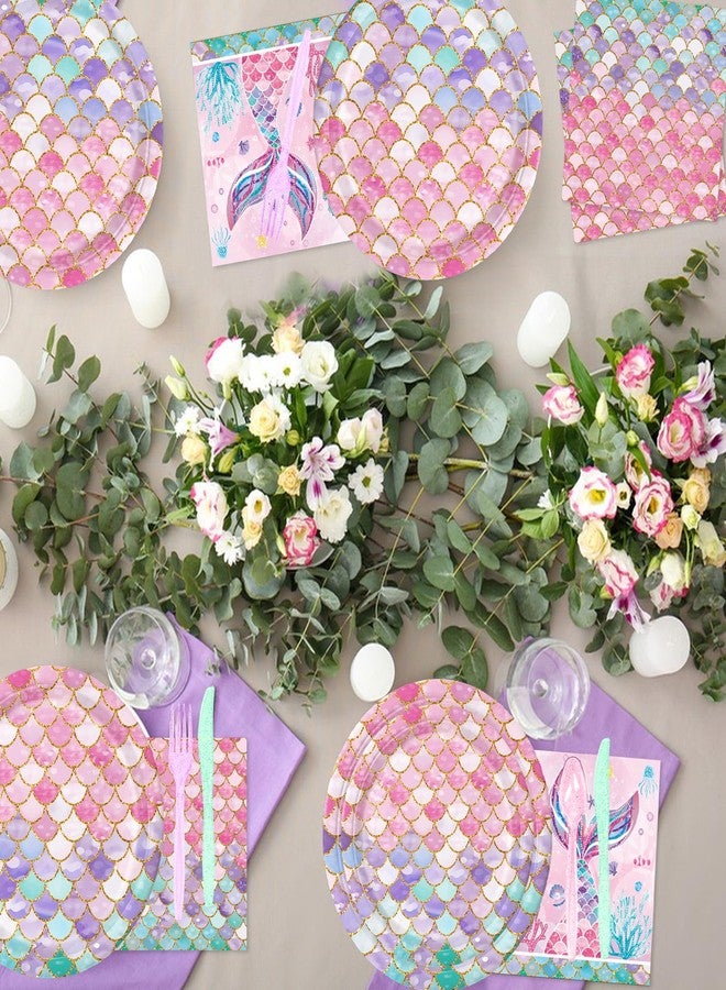 QIYANPAX 168Pcs Mermaid Birthday Decorations Mermaid Party Supplies Includes Plates, Napkins, Cups, Cutlery for Girls Baby Shower Ocean Birthday Party Decorations, Serves 24 - Image 4